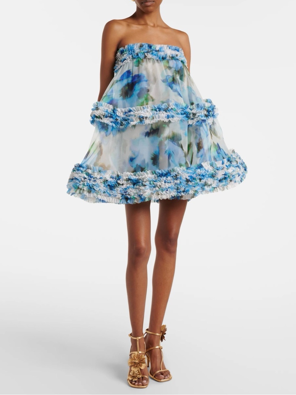 Zimmermann White and Blue Floral Tiered Ruffle Mini Skirt